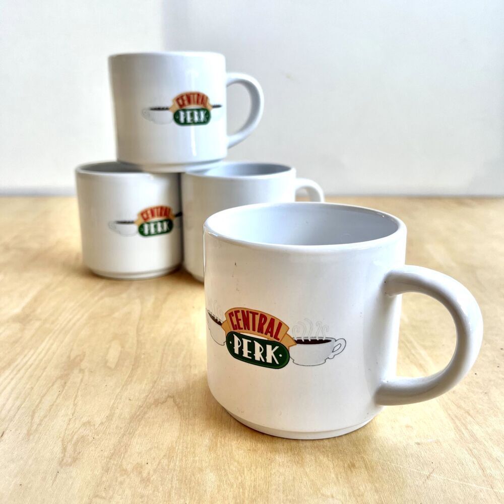 FRIENDS TV Show Central Perk 4 Coffee Mug Set Stackable Silver Holder EUC